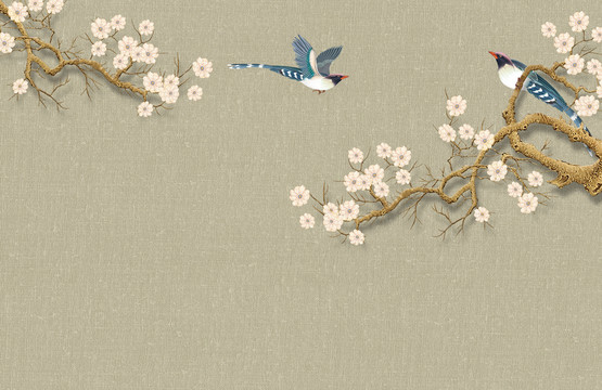 梅花花鸟手绘背景墙