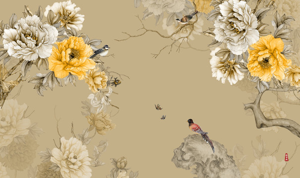 新中式花鸟壁画背景图