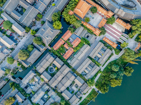 航拍枣庄台儿庄古建筑屋顶