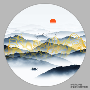 金色线条山水画