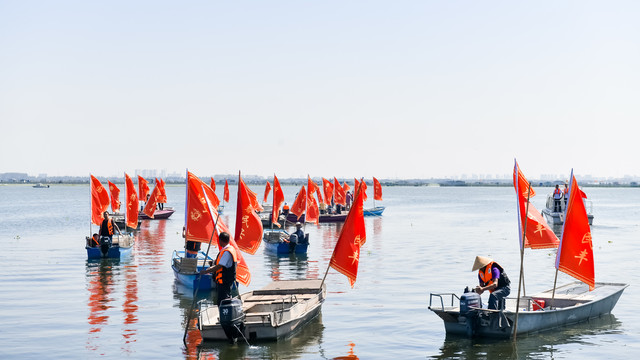 阳澄湖大闸蟹捕捞的湖面场景