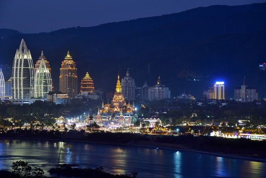 西双版纳告庄城市建筑风光夜景