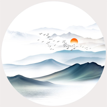 新中式圆形手绘山水无框画
