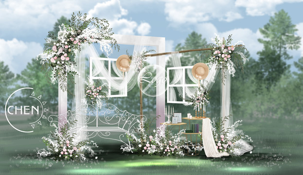 户外室外草坪小清新婚礼效果图