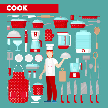 红白色调厨师厨具插图