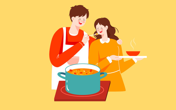人物厨房美食节日家庭聚餐插画