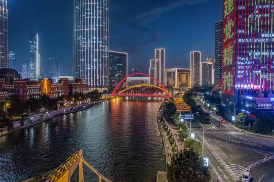 天津海河夜景灯光航拍