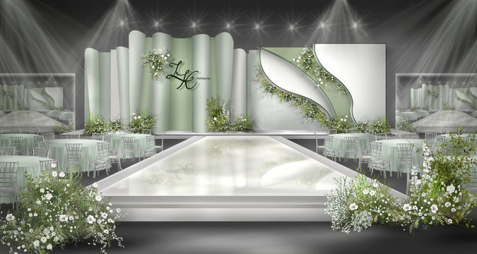 豆绿色秀场婚礼舞台效果图