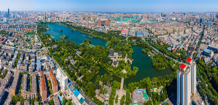 航拍山东济南城市建筑天际线全景