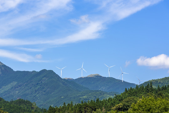 蓝天白云山顶风车