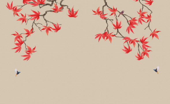 枫叶花鸟墙纸