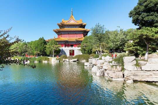 蓬莱三仙山景区古典水景建筑园林