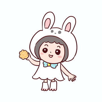 小女孩兔子月饼手绘卡通元素