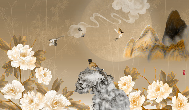 新中式花鸟壁画背景图