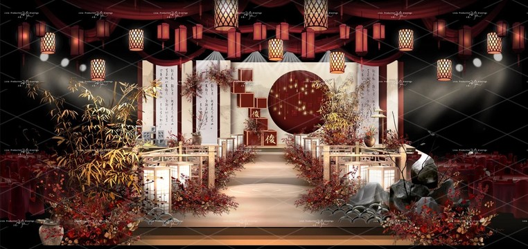 新中式红色中式婚礼效果图