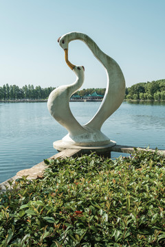 武汉东湖碧潭观鱼景区的水鸟雕塑