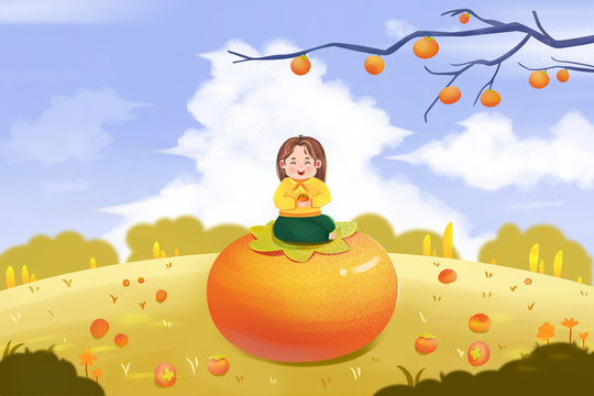 霜降可爱的小女孩坐在柿子上