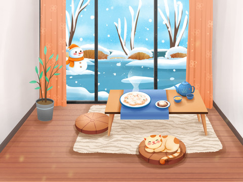 冬天室内吃水饺场景