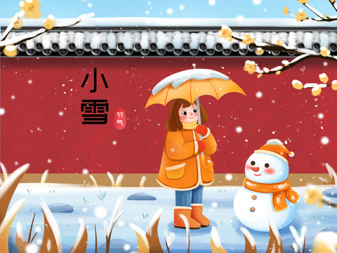 雪天宫墙外的女孩和雪人