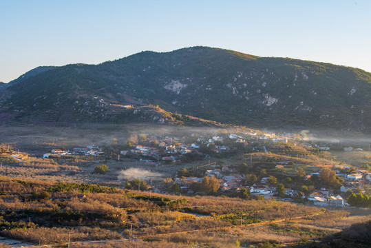 航拍沂蒙山区乡村日出