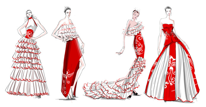 中国风主题礼服设计服装效果图