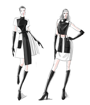 女款黑白小系列服装效果图