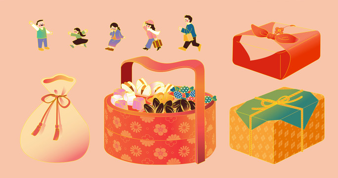 传统中式礼盒和亚洲家庭成员