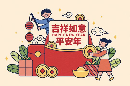 孩子打开红包新年贺卡