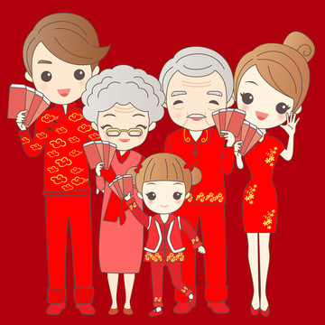 全家着红色吉祥新年服装插图