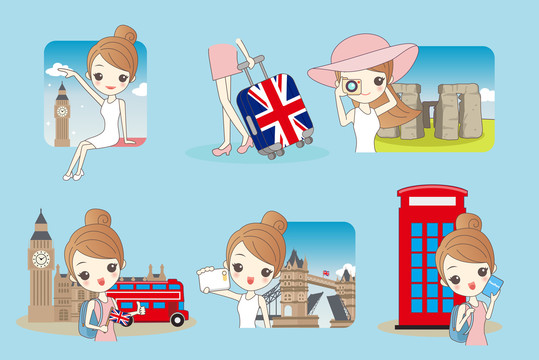 少女英国伦敦旅游卡通插图