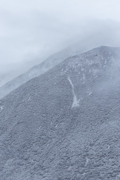 高原雪山下雪风景