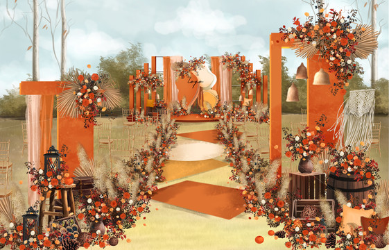 秋天橙色户外婚礼效果图