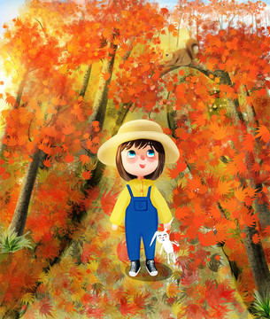 手绘走在枫树林的小女孩