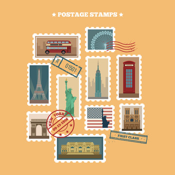 世界景点邮票创意设计插图