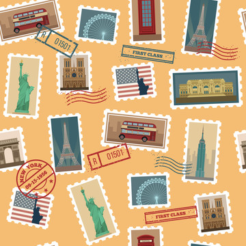 世界景点邮票平铺创意设计插图