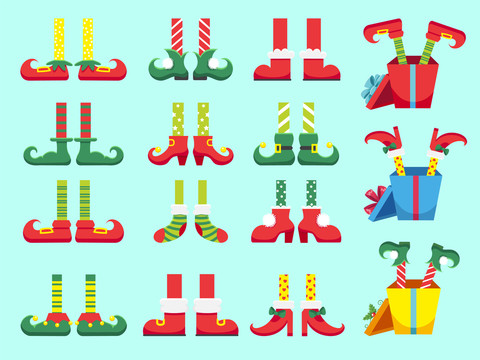 圣诞精灵缤纷鞋袜装饰卡通插图