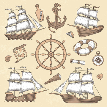 古代木纹船锚船舵手绘图标