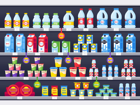 超市冷藏架上 牛乳酸奶芝士商品元素