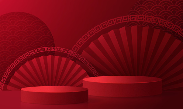 中式红色纹理折扇舞台背景