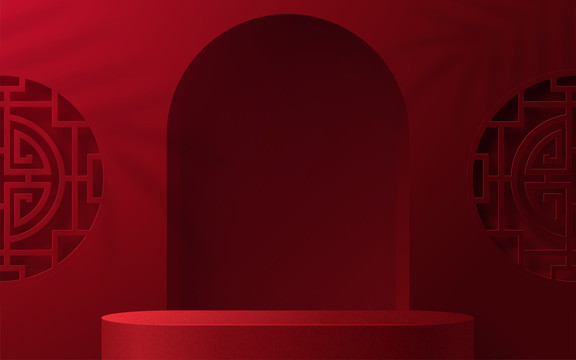 红色窗花拱门舞台背景