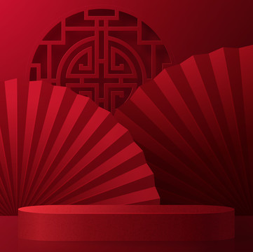 中式红色折扇窗花舞台背景