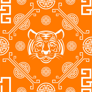 中式纹理亮橘虎元素