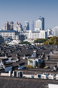 初秋南京老门东街区与城市天际线