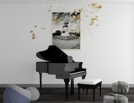 黑色钢琴墙布壁画背景场景图