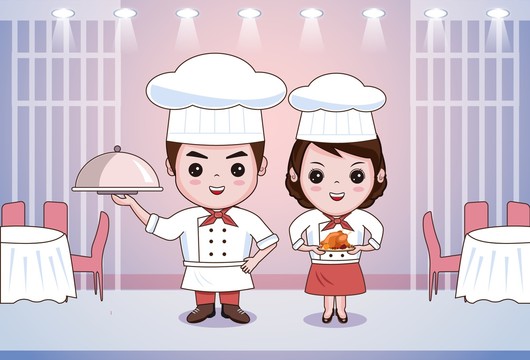 卡通厨师餐厅烹饪大餐矢量插画