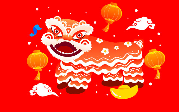 春节舞狮庆祝活动虎年新春插画