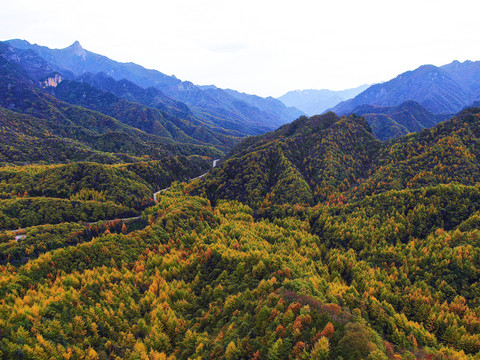 航拍秦岭分水岭秋景210国道