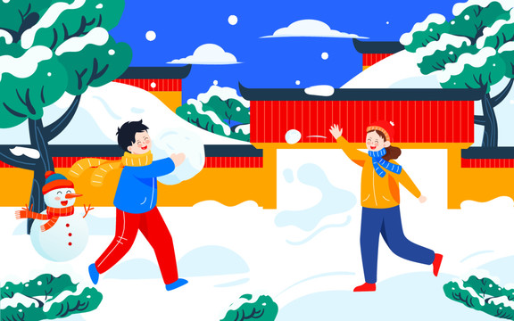 小孩打雪仗立冬节气冬天雪景插画