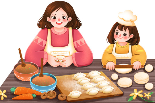 包水饺的女孩和母亲