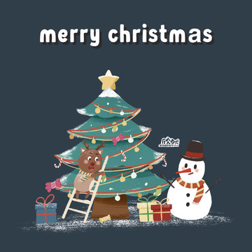 圣诞树小雪人鹿插画